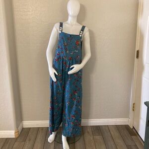 Women’s Blue Floral Casual Loose Wide Leg Floral Jumpsuit Large